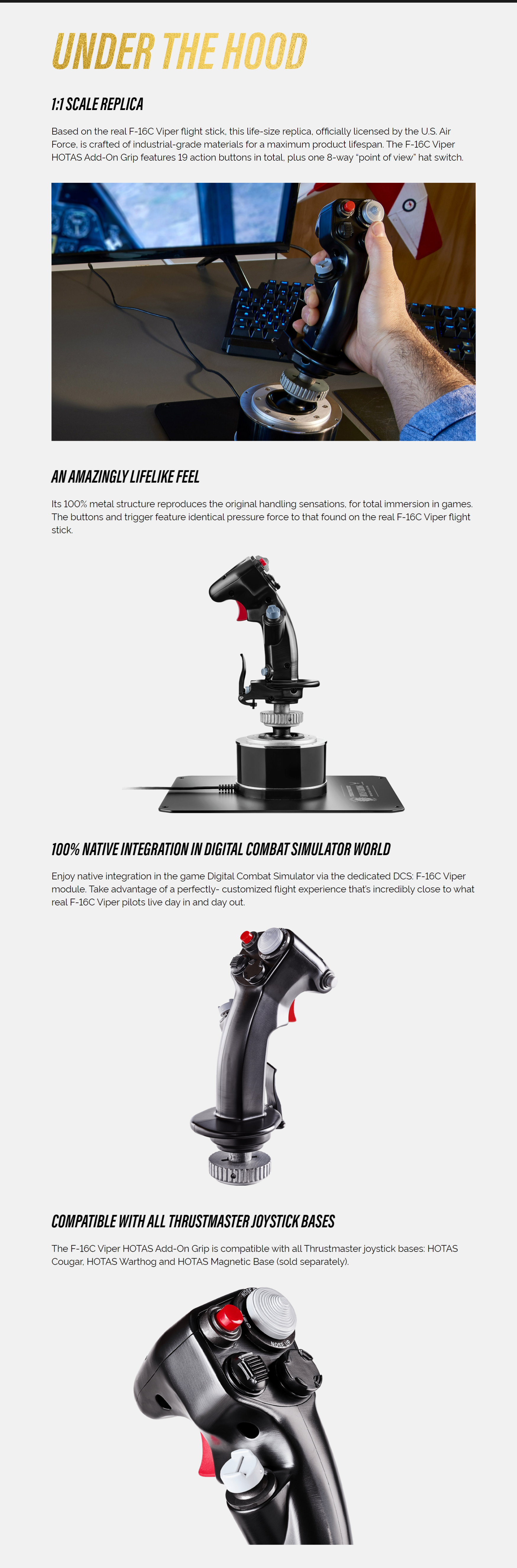 A large marketing image providing additional information about the product Thrustmaster F-16C Viper - HOTAS Add-On Grip for Cougar & Warthog Bases - Additional alt info not provided